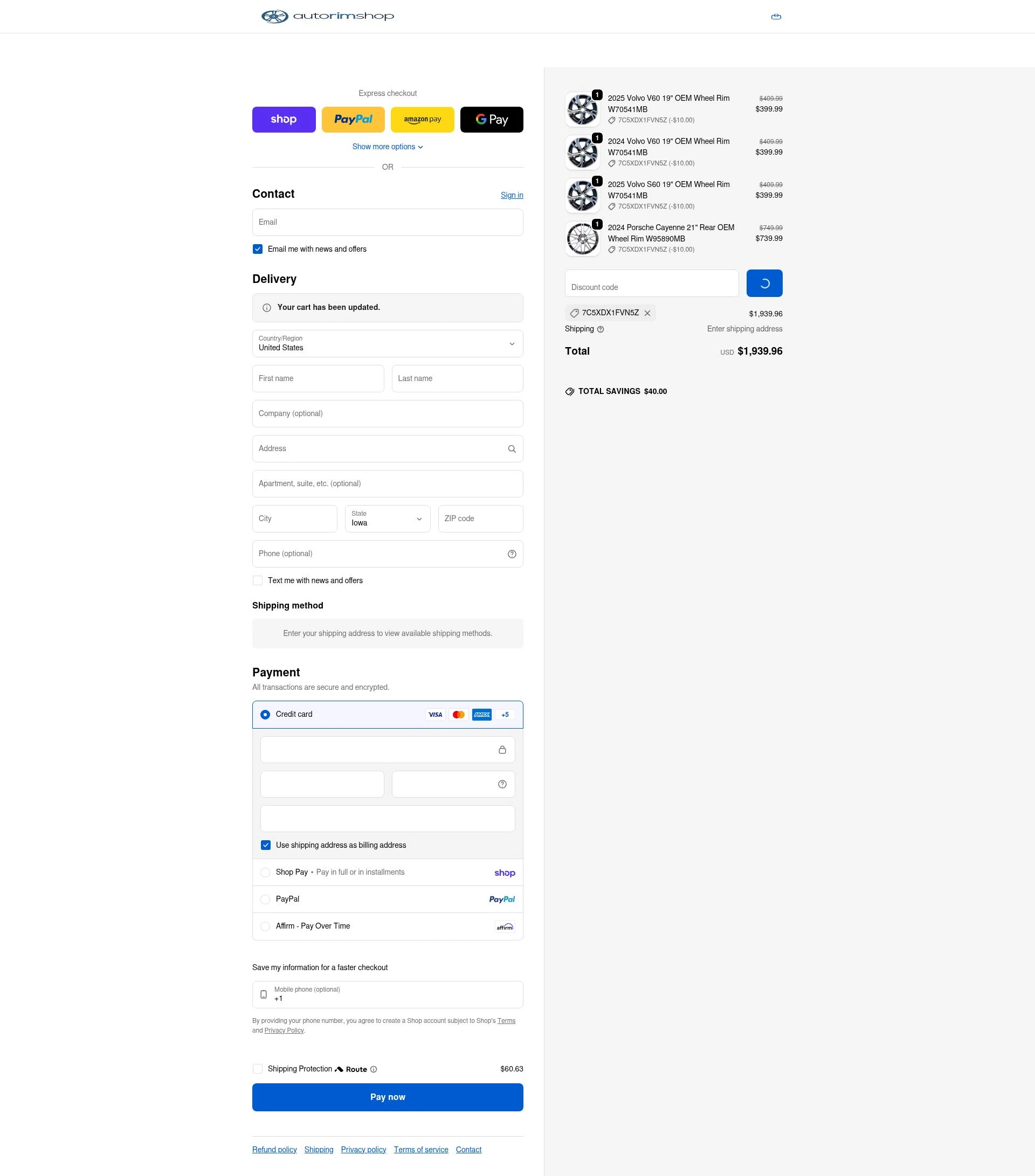 Auto Rim Shop checkout page showing Auto Rim Shop discount code box | Screenshot taken by SimplyCodes community member on Feb 21, 2026