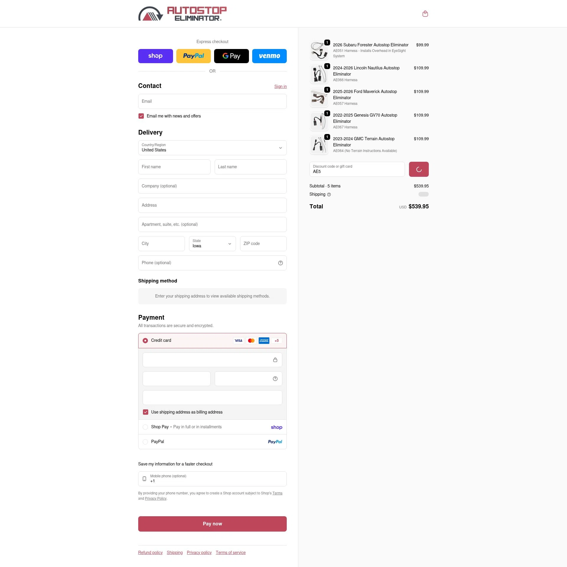 Autostop Eliminator checkout page showing Autostop Eliminator discount code box | Screenshot taken by SimplyCodes community member on Feb 18, 2026
