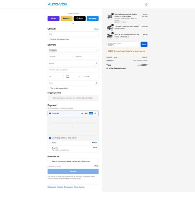 AUTO-VOX checkout page showing AUTO-VOX promo code box | Screenshot taken by SimplyCodes community member on Sep 23, 2025