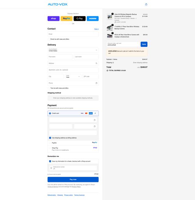 AUTO-VOX checkout page showing AUTO-VOX promo code box | Screenshot taken by SimplyCodes community member on Sep 23, 2025