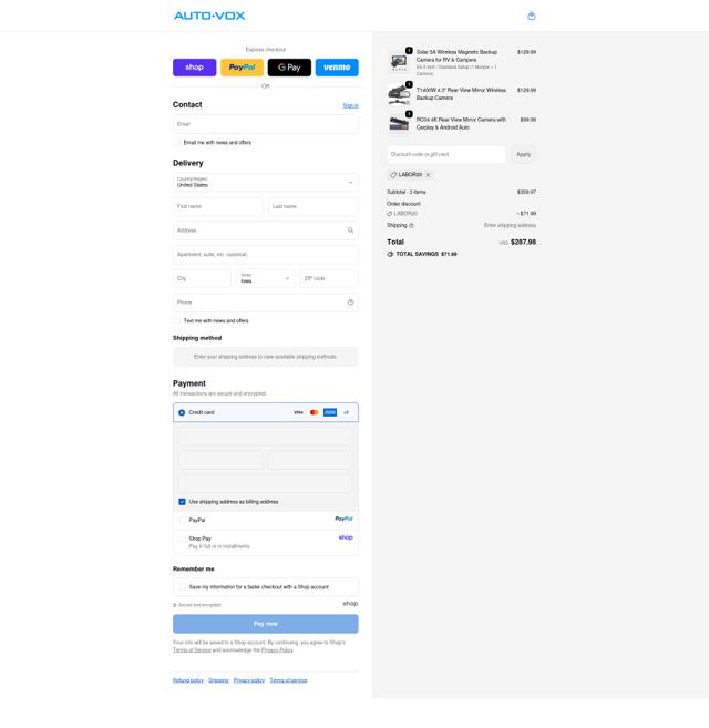 AUTO-VOX checkout page showing AUTO-VOX promo code box | Screenshot taken by SimplyCodes community member on Sep 23, 2025