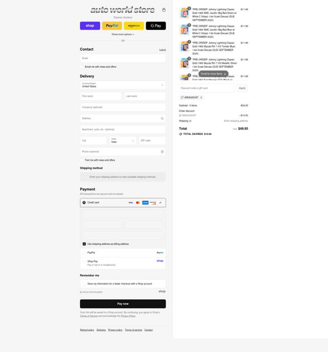 Auto World Store checkout page showing Auto World Store coupon code box | Screenshot taken by SimplyCodes community member on Sep 8, 2025