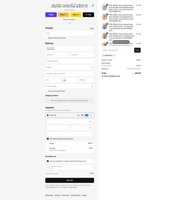 Auto World Store checkout page showing Auto World Store coupon code box | Screenshot taken by SimplyCodes community member on Sep 11, 2025
