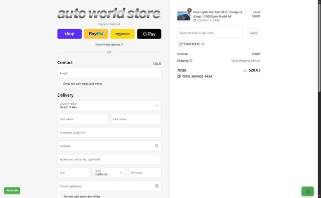 Auto World Store checkout page showing Auto World Store coupon code box | Screenshot taken by SimplyCodes community member on Sep 8, 2025
