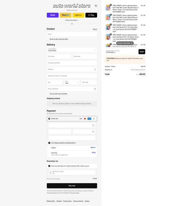 Auto World Store checkout page showing Auto World Store coupon code box | Screenshot taken by SimplyCodes community member on Sep 11, 2025