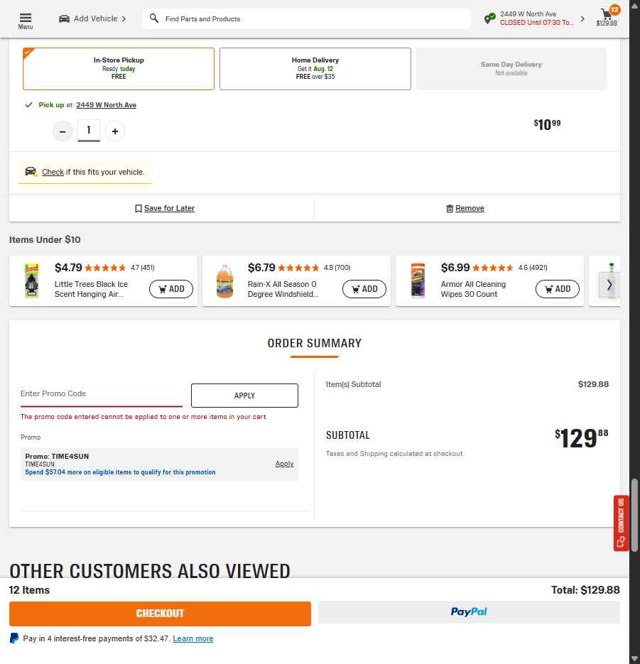 AutoZone checkout page showing AutoZone promo code box | Screenshot taken by SimplyCodes community member on Aug 11, 2025