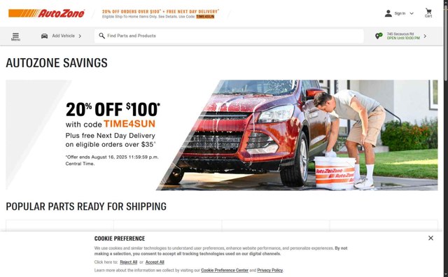 AutoZone checkout page showing AutoZone promo code box | Screenshot taken by SimplyCodes community member on Aug 14, 2025