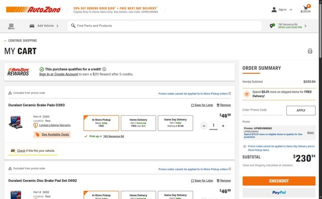 AutoZone checkout page showing AutoZone promo code box | Screenshot taken by SimplyCodes community member on Aug 20, 2025