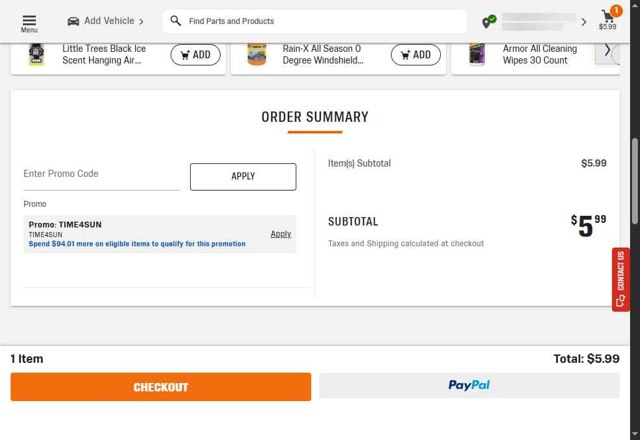 AutoZone checkout page showing AutoZone promo code box | Screenshot taken by SimplyCodes community member on Aug 11, 2025