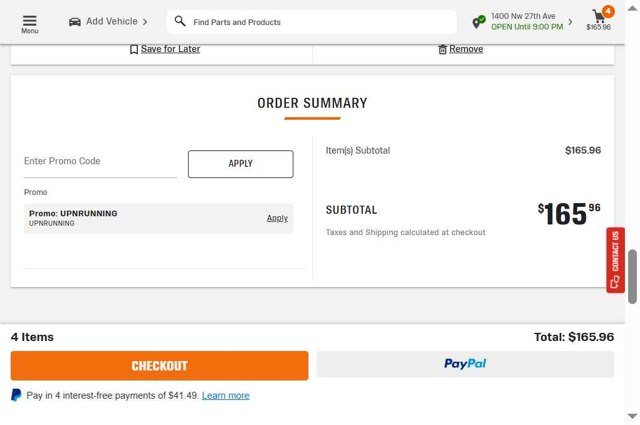 AutoZone checkout page showing AutoZone promo code box | Screenshot taken by SimplyCodes community member on Aug 24, 2025