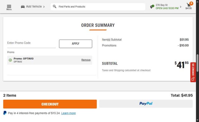 AutoZone checkout page showing AutoZone promo code box | Screenshot taken by SimplyCodes community member on Aug 11, 2025