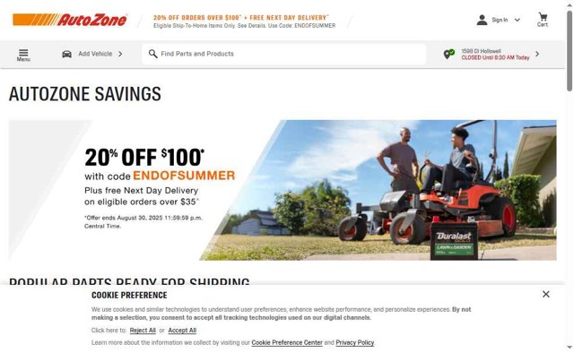 AutoZone checkout page showing AutoZone promo code box | Screenshot taken by SimplyCodes community member on Aug 24, 2025