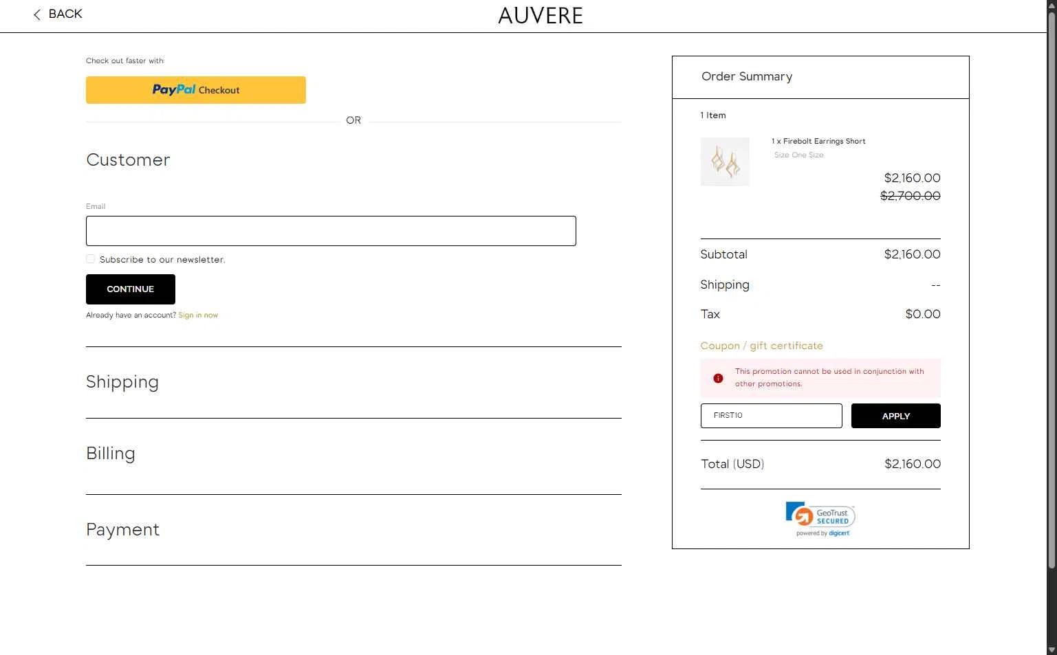 Auvere checkout page showing Auvere promo code box | Screenshot taken by SimplyCodes community member on Dec 10, 2025