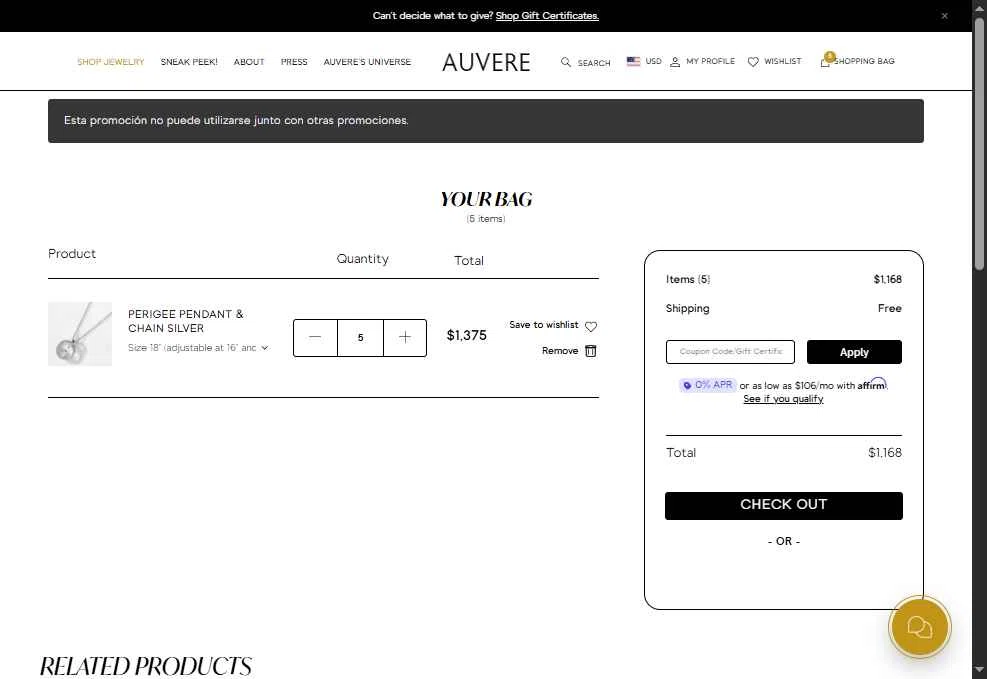 Auvere checkout page showing Auvere promo code box | Screenshot taken by SimplyCodes community member on Dec 10, 2025