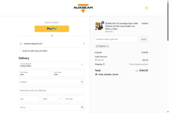 Auxbeam checkout page showing Auxbeam discount code box | Screenshot taken by SimplyCodes community member on Sep 14, 2025
