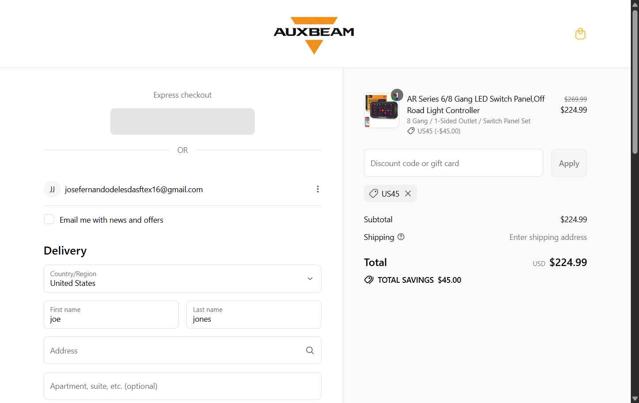 Auxbeam checkout page showing Auxbeam discount code box | Screenshot taken by SimplyCodes community member on Aug 16, 2025
