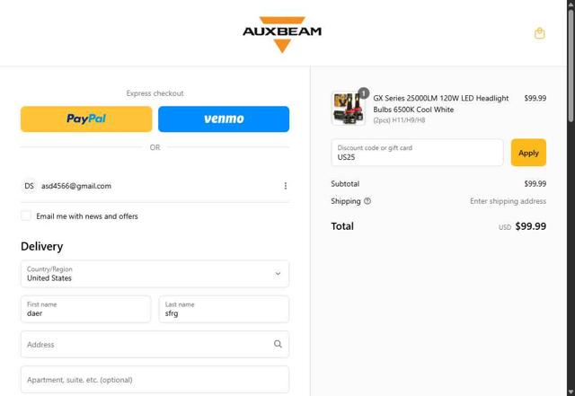 Auxbeam checkout page showing Auxbeam discount code box | Screenshot taken by SimplyCodes community member on Aug 16, 2025
