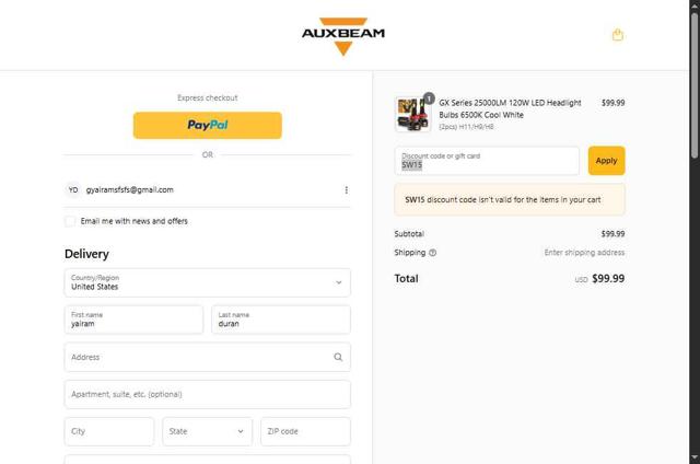Auxbeam checkout page showing Auxbeam discount code box | Screenshot taken by SimplyCodes community member on Sep 2, 2025