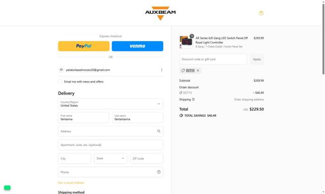 Auxbeam checkout page showing Auxbeam discount code box | Screenshot taken by SimplyCodes community member on Sep 13, 2025