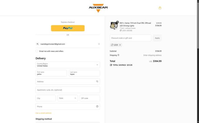 Auxbeam checkout page showing Auxbeam discount code box | Screenshot taken by SimplyCodes community member on Aug 26, 2025