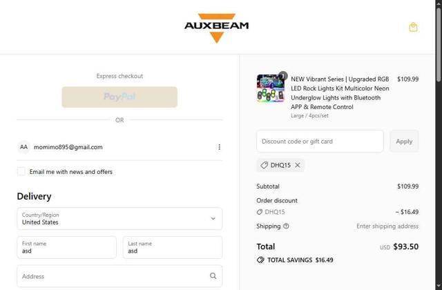 Auxbeam checkout page showing Auxbeam discount code box | Screenshot taken by SimplyCodes community member on Sep 11, 2025