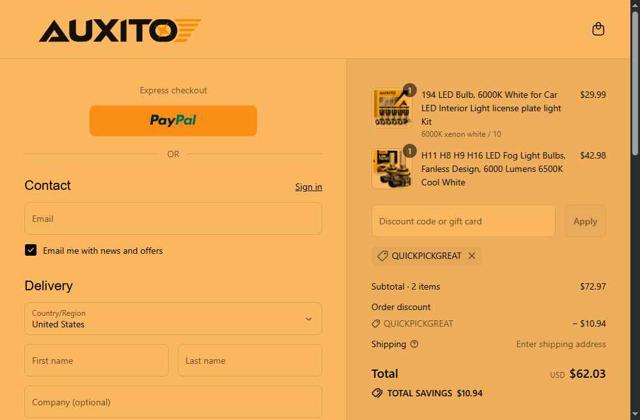 Auxito checkout page showing Auxito discount code box | Screenshot taken by SimplyCodes community member on Sep 12, 2025