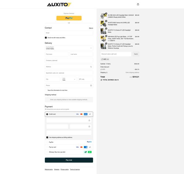 Auxito checkout page showing Auxito discount code box | Screenshot taken by SimplyCodes community member on Sep 12, 2025