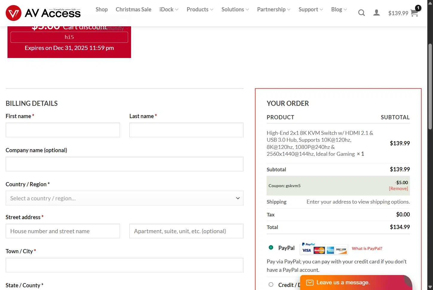 AV Access checkout page showing AV Access coupon code box | Screenshot taken by SimplyCodes community member on Dec 23, 2025