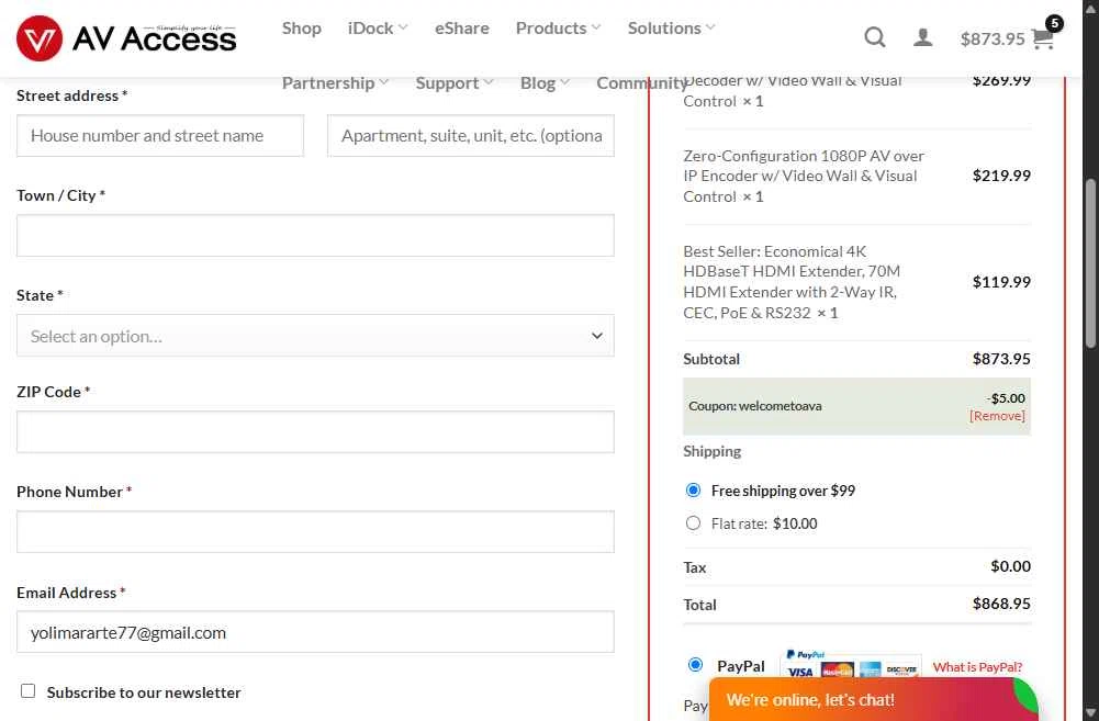 AV Access checkout page showing AV Access coupon code box | Screenshot taken by SimplyCodes community member on Jul 28, 2025