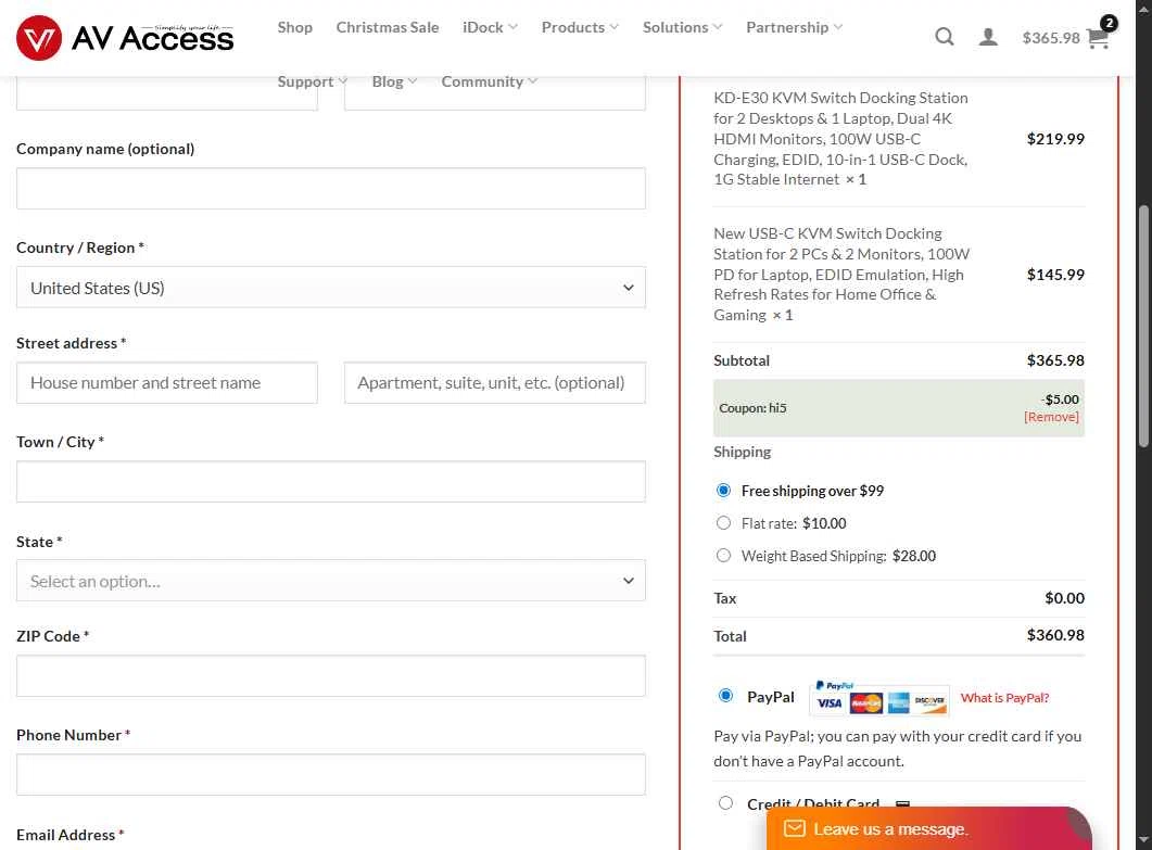 AV Access checkout page showing AV Access coupon code box | Screenshot taken by SimplyCodes community member on Dec 16, 2025