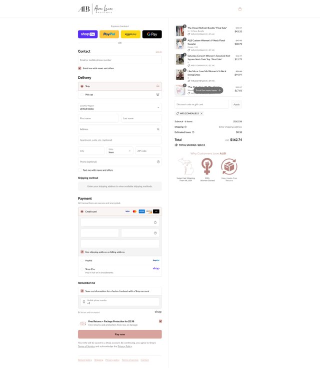 Ava Lane Boutique checkout page showing Ava Lane Boutique coupon code box | Screenshot taken by SimplyCodes community member on Aug 25, 2025