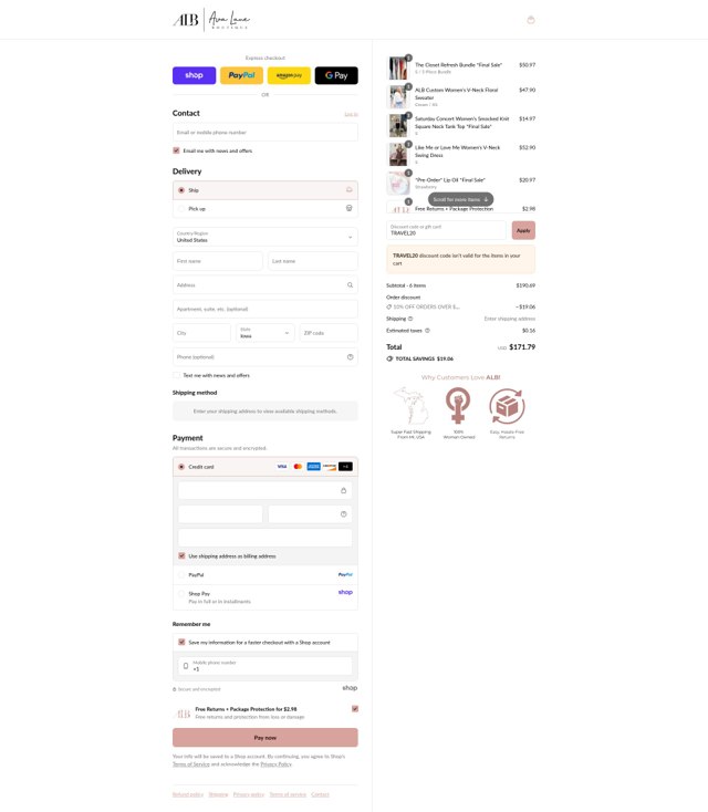 Ava Lane Boutique checkout page showing Ava Lane Boutique coupon code box | Screenshot taken by SimplyCodes community member on Aug 29, 2025