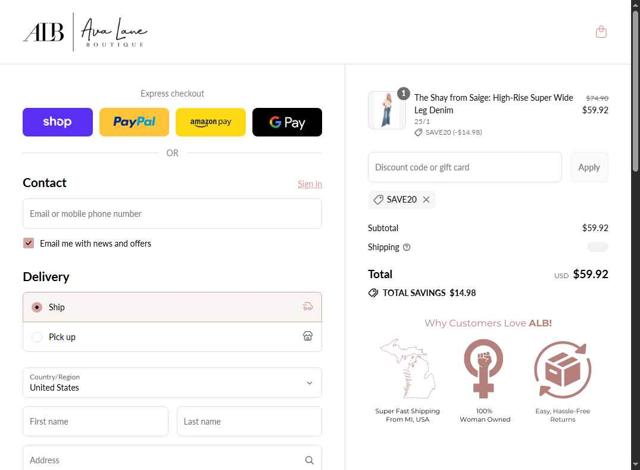 Ava Lane Boutique checkout page showing Ava Lane Boutique coupon code box | Screenshot taken by SimplyCodes community member on Sep 13, 2025