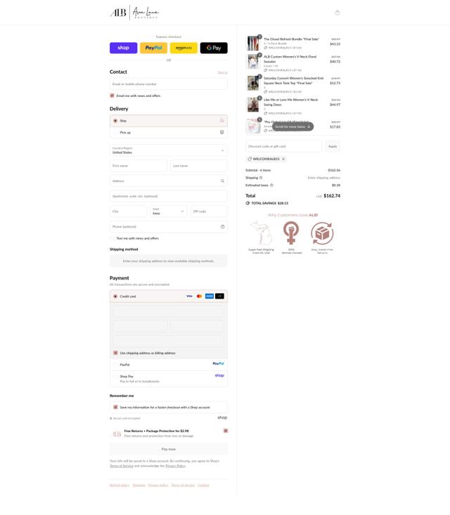 Ava Lane Boutique checkout page showing Ava Lane Boutique coupon code box | Screenshot taken by SimplyCodes community member on Sep 11, 2025