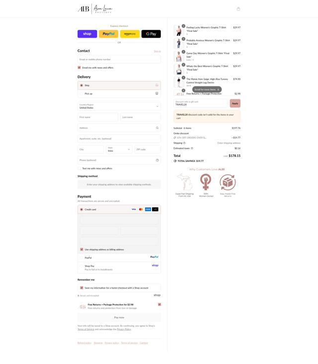 Ava Lane Boutique checkout page showing Ava Lane Boutique coupon code box | Screenshot taken by SimplyCodes community member on Sep 15, 2025