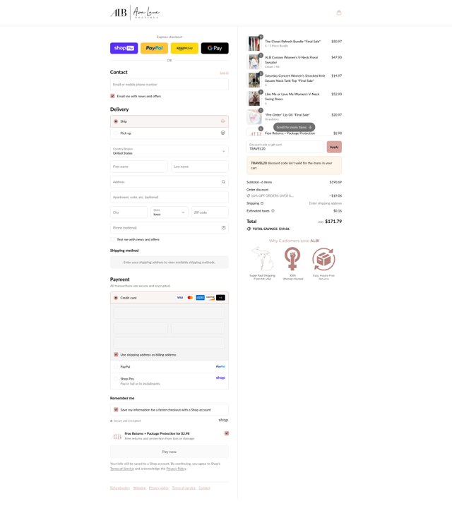 Ava Lane Boutique checkout page showing Ava Lane Boutique coupon code box | Screenshot taken by SimplyCodes community member on Aug 25, 2025