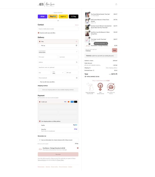 Ava Lane Boutique checkout page showing Ava Lane Boutique coupon code box | Screenshot taken by SimplyCodes community member on Sep 11, 2025