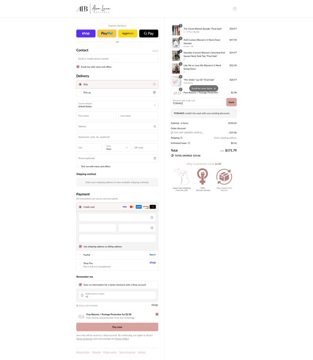 Ava Lane Boutique checkout page showing Ava Lane Boutique coupon code box | Screenshot taken by SimplyCodes community member on Aug 29, 2025