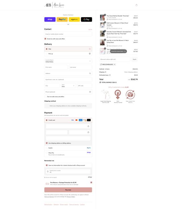 Ava Lane Boutique checkout page showing Ava Lane Boutique coupon code box | Screenshot taken by SimplyCodes community member on Sep 7, 2025