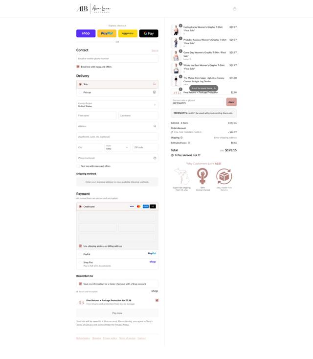Ava Lane Boutique checkout page showing Ava Lane Boutique coupon code box | Screenshot taken by SimplyCodes community member on Sep 15, 2025