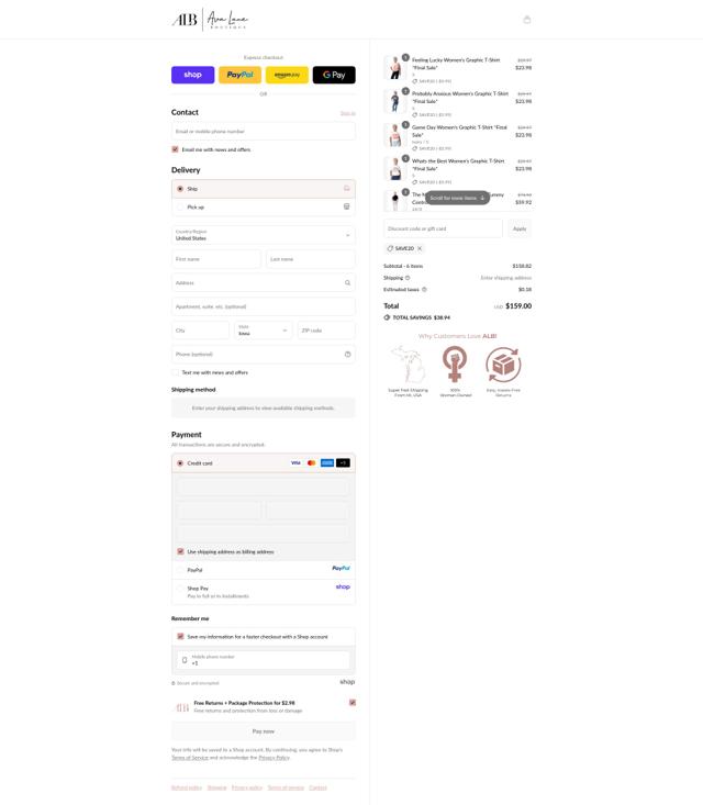 Ava Lane Boutique checkout page showing Ava Lane Boutique coupon code box | Screenshot taken by SimplyCodes community member on Sep 15, 2025