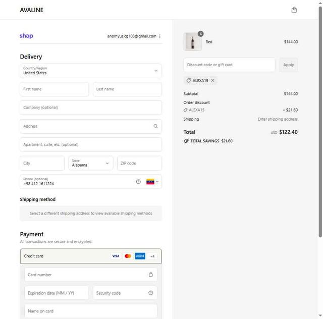 Avaline checkout page showing Avaline discount code box | Screenshot taken by SimplyCodes community member on Sep 14, 2025