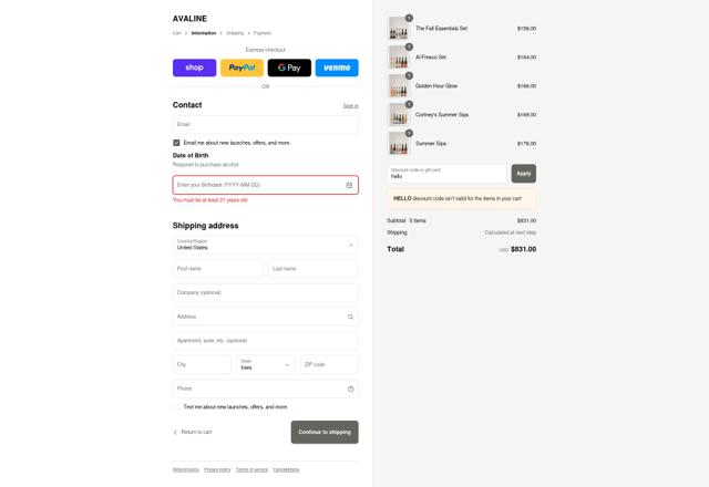 Avaline checkout page showing Avaline discount code box | Screenshot taken by SimplyCodes community member on Sep 17, 2025