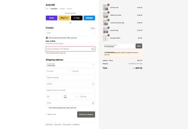 Avaline checkout page showing Avaline discount code box | Screenshot taken by SimplyCodes community member on Sep 12, 2025