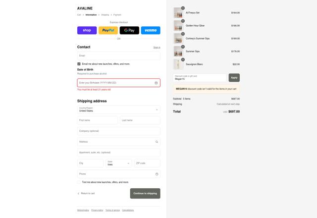 Avaline checkout page showing Avaline discount code box | Screenshot taken by SimplyCodes community member on Sep 16, 2025
