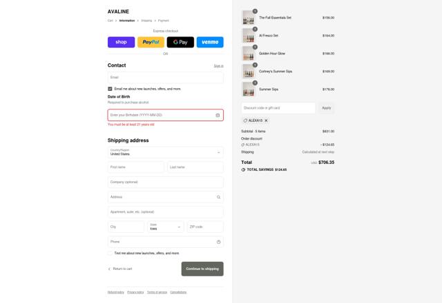 Avaline checkout page showing Avaline discount code box | Screenshot taken by SimplyCodes community member on Sep 17, 2025