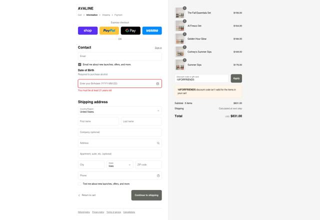 Avaline checkout page showing Avaline discount code box | Screenshot taken by SimplyCodes community member on Sep 17, 2025
