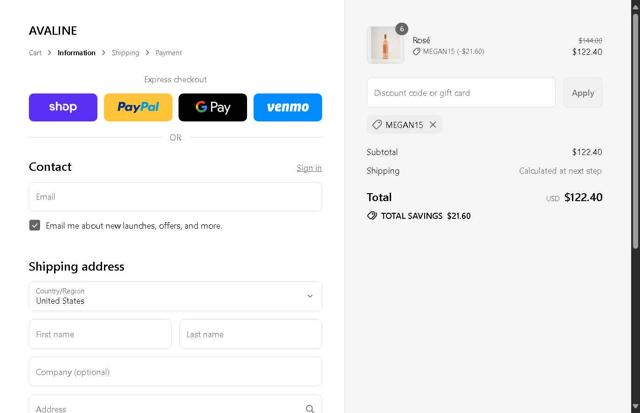 Avaline checkout page showing Avaline discount code box | Screenshot taken by SimplyCodes community member on Sep 14, 2025
