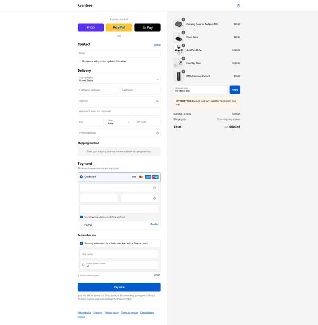 Avantree checkout page showing Avantree promo code box | Screenshot taken by SimplyCodes community member on Sep 14, 2025