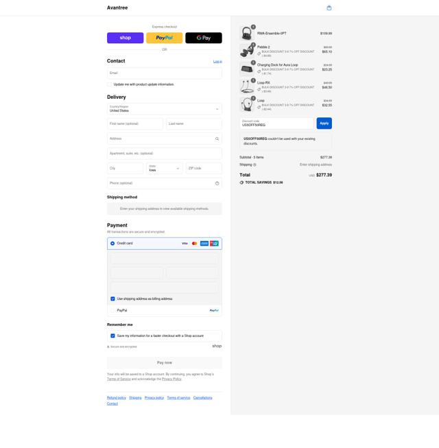 Avantree checkout page showing Avantree promo code box | Screenshot taken by SimplyCodes community member on Aug 29, 2025